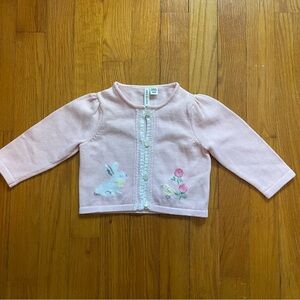 Janie & Jack Baby 6-12M Pink Button Up Cardigan with Knit Bunny & Floral Easter